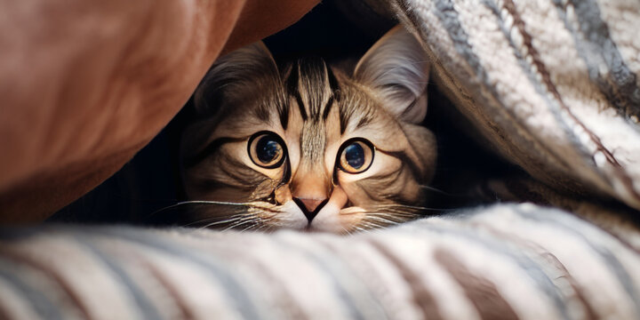 Kitten Resting at Home Keeping Warm Hiding Under Blanket in Cold Fall Autumn Winter Weather AI Generated