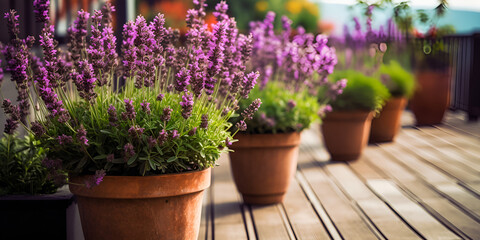 Fototapeta premium Serene Beauty: Fragrant Lavender Bush in a Terracotta Pot