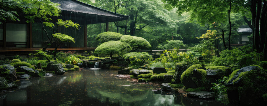 Japanese garden in the rain. Hand edited generative AI.