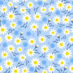 Floral print. ditsy daisy flower seamless pattern. blue floral pattern. good for fabric, fashion design, summer spring dress, wallpaper, background, textile, clothing, kimono.