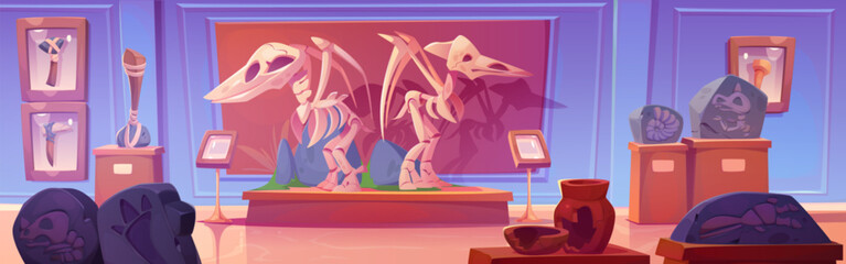 Fossil pterodactyl dinosaur skeleton in museum vector cartoon illustration. Dino animal bone and skull exhibit on natural pedestal in hall room. Prehistoric paleontology gallery empty interior © klyaksun