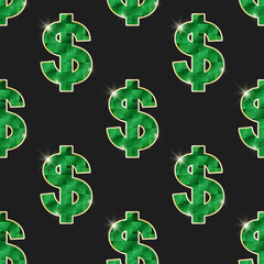 Dollar vector seamless pattern. Faceted crystal USD symbols in gold frames on black background. Best for polygraphy, mobile apps and web design.