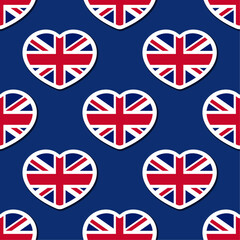 United Kingdom vector seamless pattern. Hearts with UK flag on blue background. Best for textile, festive decorations, wallpapers, wrapping paper and web design.