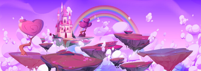 Purple fantasy sky with floating island and magic castle cartoon illustration. Fairytale mobile rpg game vector background with medieval princess mansion with rainbow landscape on flying platform