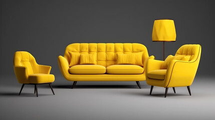 Set of yellow armchair and sofa isolated for living room , Modern furniture , Created with Generative Ai Technology