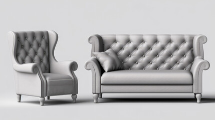 Set of gray armchair and sofa isolated for living room , Modern furniture , Created with Generative Ai Technology
