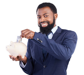 Portrait, black man with piggy bank and smile in finance, budget or savings isolated on transparent...