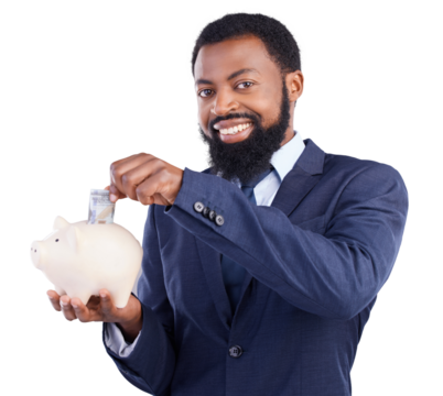 Portrait, black man with piggy bank and smile in finance, budget or savings isolated on transparent png background. Happy face of African businessman cash, money box and financial investment planning - Powered by Adobe