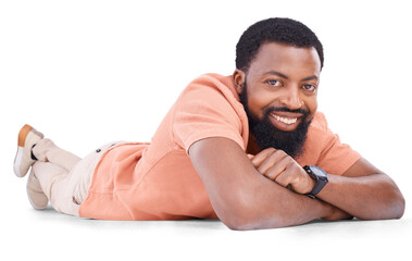 Fototapeta na wymiar Happy portrait, black man and lying on a floor isolated on a transparent png background. Smile, relax or young african model from Nigeria looking confident in casual style while resting on the ground