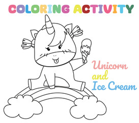 Let's colouring the cute unicorn sitting on the cloud and holding ice cream. Educational printable coloring worksheet. Coloring activity for kindergarten children. Vector illustration.