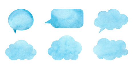 Set of bubbles for text, dialogue, blue clouds isolated on white background. Drawn by hand. Abstract watercolor stains. Element for design and decoration.