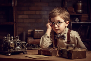 Portrait of schoolboy at the desk in retro style. Education concept. Back to school. Generative AI