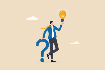 Question and answer, q and a or solution to solve problem, FAQ frequently asked question, help or creative thinking idea concept, smart businessman holding question mark sign and lightbulb solution. - obrazy, fototapety, plakaty