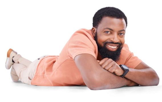 Happy portrait, black man and lying on a floor isolated on a transparent png background. Smile, relax or young african model from Nigeria looking confident in casual style while resting on the ground
