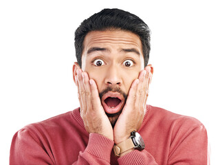 Portrait, wow and asian man surprised by wtf news on isolated, transparent or png background. Omg,...
