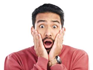Portrait, wow and asian man surprised by wtf news on isolated, transparent or png background. Omg, face and male customer shocked by giveaway, promo or coming soon sale, deal or discount with emoji