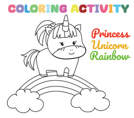 Coloring unicorn worksheet page. Let's colouring the unicorn running on the rainbow. Educational printable coloring worksheet. Coloring activity for kindergarten children. Vector illustration.