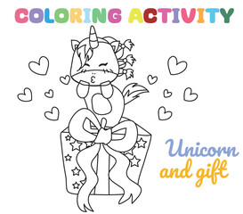Fototapeta premium Coloring unicorn worksheet page. Let's colouring the cute unicorn and gift box. Educational printable coloring worksheet. Coloring activity for kindergarten children. Vector illustration.