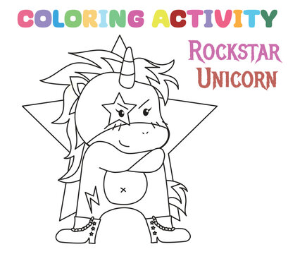 Coloring unicorn worksheet page. Let's colouring the Rockstar unicorn. Educational printable coloring worksheet. Coloring activity for kindergarten children. Vector illustration.