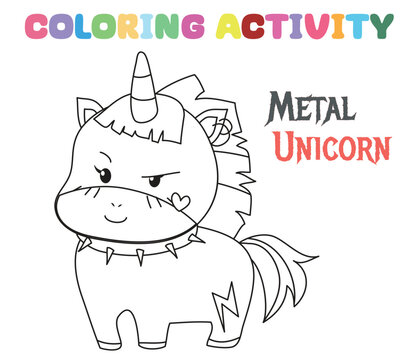 Coloring unicorn worksheet page. Let's colouring the rock and metal unicorn. Educational printable coloring worksheet. Coloring activity for kindergarten children. Vector illustration.