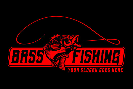 fishing logo Jumping Bass fish on black dark background. modern vintage rustic logo design
