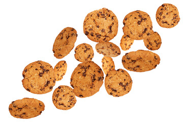Flying oatmeal chocolate chip cookie isolated on transparent background.