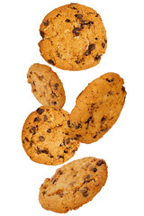 Oatmeal chocolate chip cookies fly from top to bottom. Isolated on a transparent background.