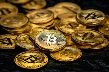 A stack of golden bitcoin coins on a black background