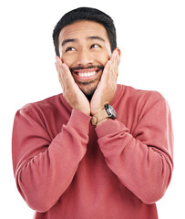 Happy, surprise and hands on face of asian man on isolated, transparent and png background. Good...