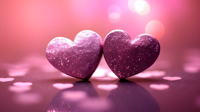 Two Hearts On Pink Glitter In Shiny BG