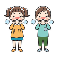 発熱・息が苦しそうな表情の小さな女の子と男の子のイラスト（長袖・カラー）