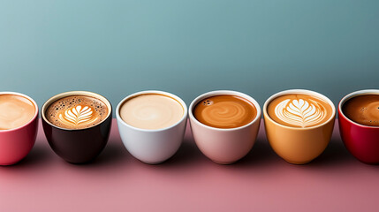 Top view of various types of specialty coffees with art design, and color background. Generative AI.