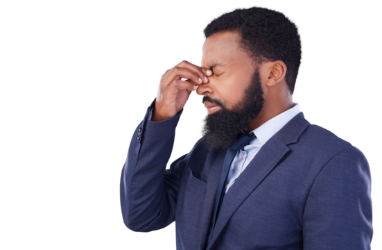 Business, headache and black man with stress, anxiety and debt isolated on a transparent background. Male person, entrepreneur and ceo with a migraine, health issue or bankruptcy with png or burnout