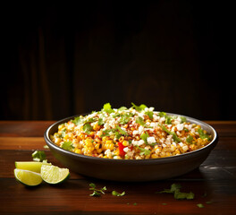 Mexican street corn salad on dark background. Mexican grilled corn topped with mayonnaise, hot sauce, lime, Cotija cheese. Generative Ai content