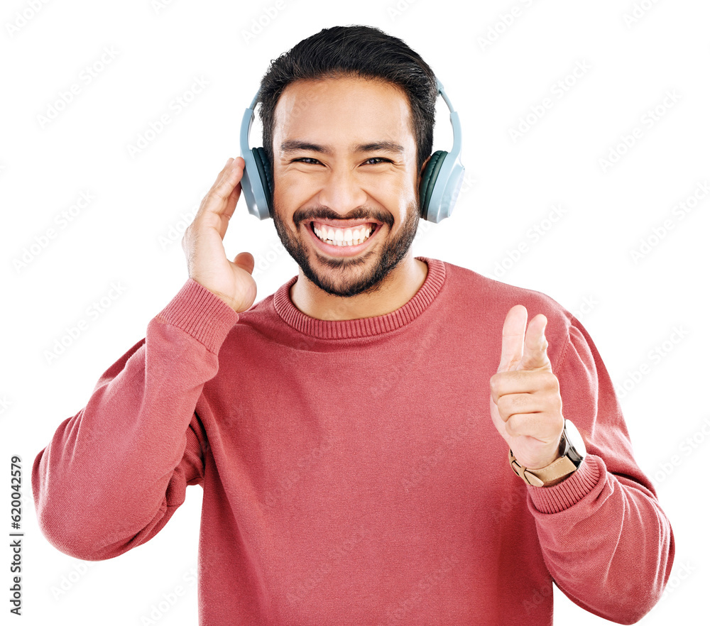 Poster Portrait, hand pointing and asian man with music headphones on isolated, transparent or png background. Hand, you and face of male smile with emoji and earphones promo, radio or podcast announcement