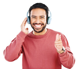 Portrait, hand pointing and asian man with music headphones on isolated, transparent or png background. Hand, you and face of male smile with emoji and earphones promo, radio or podcast announcement - obrazy, fototapety, plakaty