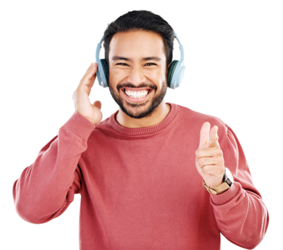 Portrait, hand pointing and asian man with music headphones on isolated, transparent or png background. Hand, you and face of male smile with emoji and earphones promo, radio or podcast announcement