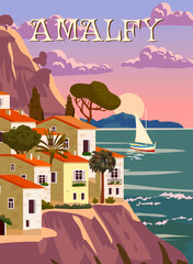 Amalfi Coast Italy, mediterranean romantic landscape, mountains, seaside town, sea. Retro poster travel