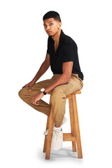 Portrait, fashion and serious man on chair isolated on a transparent png background. Style,...