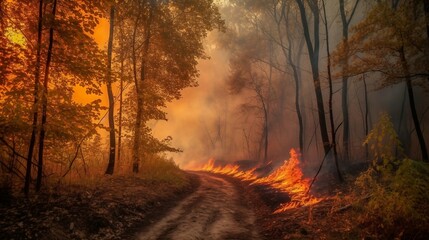Fire in the forest, natural disaster. Wildfire at sunset, burning forest in smoke and flames