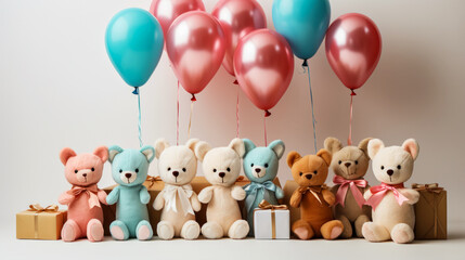 Teddy bears, gifts and balloons, party invitation banner or poster idea. Gender reveal. AI generated