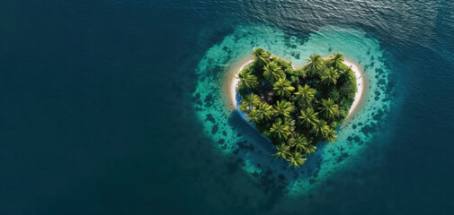 Aerial drone shot of a heart shaped tropical palm island in the ocean with lots of negative space. - obrazy, fototapety, plakaty