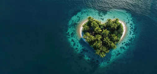 Fotobehang Aerial drone shot of a heart shaped tropical palm island in the ocean with lots of negative space. © Mirador