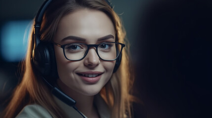 Beautiful woman call center worker in headphones in the office works at a computer. The concept of customer service. AI generated