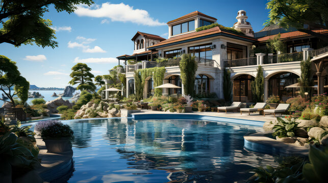 Resident concept, The Perfect Blend of Luxury Home Design, Minimalist Architecture, and Relaxation in the Swimming Pool Area