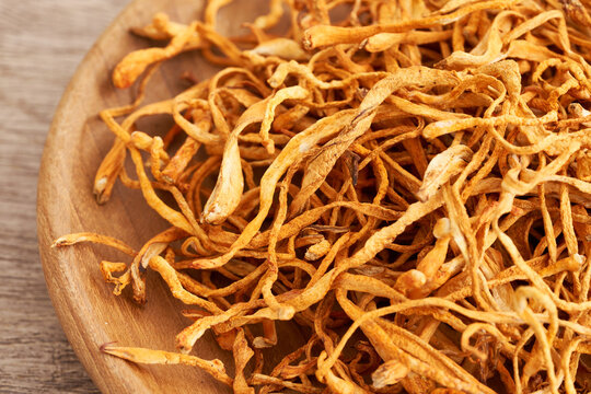 dry cordyceps militaris mushroom in wood plate on table background. pile of dry cordyceps militaris mushroom. dry cordyceps militaris mushroom food background                       