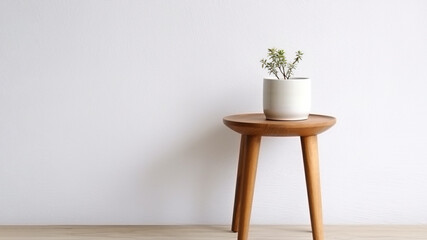 wooden stool with vase on top with copy space. home decoration. generative AI