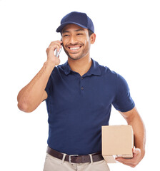 Phone call, delivery man and courier happy with a package for ecommerce and talking on mobile. Shipping, employee or person with a box and speaking on cellphone isolated on transparent png background