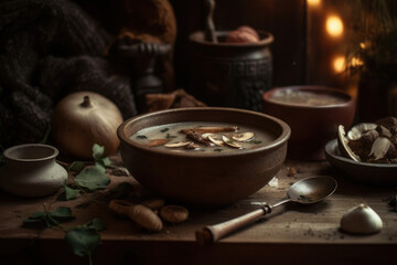 Fototapeta na wymiar Mushroom soup in a bowl on the kitchen table. AI generated image