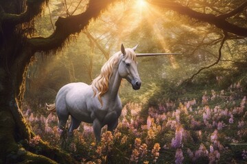 A unicorn, Beautiful unicorn in a magical forest magic. Generative Ai - obrazy, fototapety, plakaty